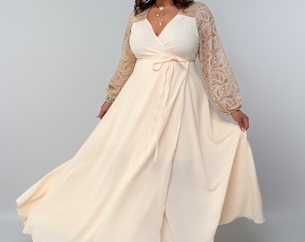 Plus Size Long Wrap Dress with Lace Sleeves, Flowing Maxi Dress for Women, Silk Feel Plus Size Dress, Wedding Guest, Prom Dress