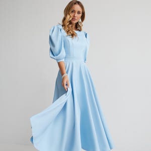 Elegant Light Blue Midi Dress, Flowing Skirt & Intriguing Open Back, Bridal and Wedding Dress, Midi Wedding Dress, Little Light Blue Dress