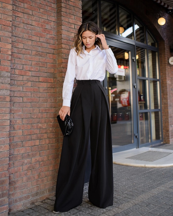 black palazzo dress pants Women's Satin Wide Leg Palazzo Pants Plicated Silky Pull on Party Dress  Casual Pant Trouser Black at Amazon Women's Clothing store