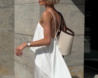 White Elegant Suit Maxi Open Back with Bow, Royal Satin Dress, Midi Wedding Dress, Evening Dress  Long Sleeved Dress for Civil Ceremony
