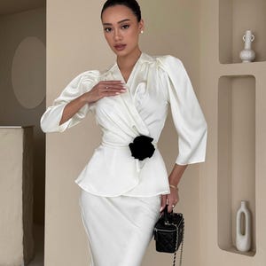 white double ruched skirt satin shirt dress White Silk Two Piece