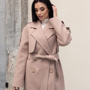 Latte Wool Coat Long, Warm Beige Coat, Wool Coat with belt, Women&#39;s Trench Coat, Minimalist Coat Women, Beige Classic Wool Coat, Autumn Coat