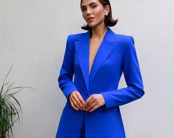 Blauer Hosenanzug - Einreiher Blazer und Gerade Hose Hohe Taille