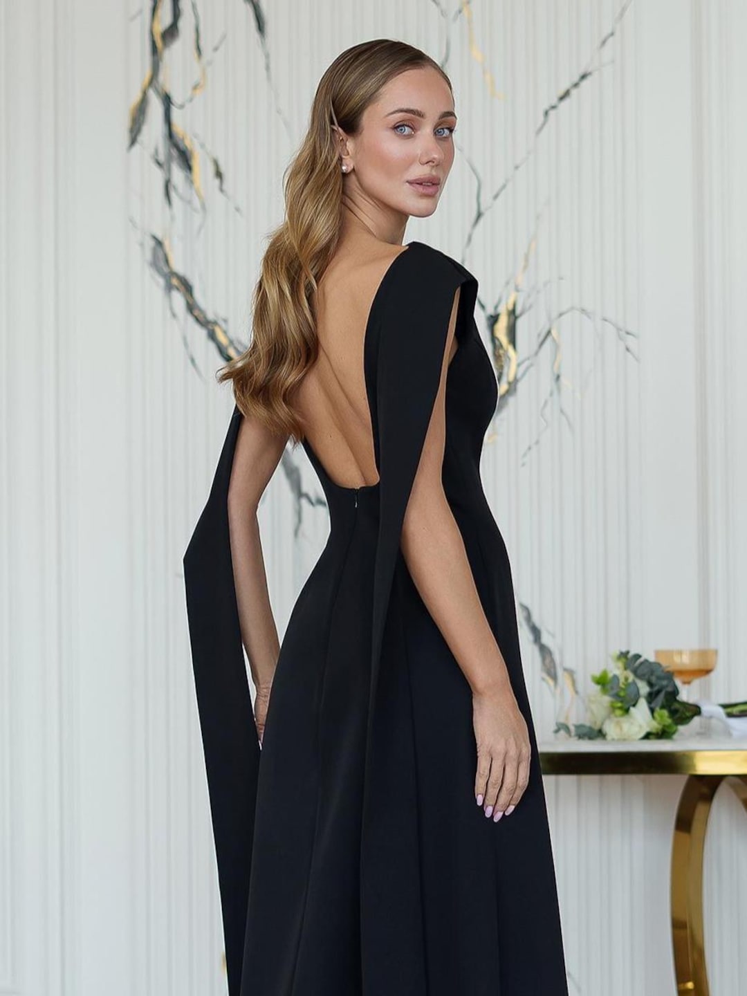 long black cocktail dress for wedding Black Elegant Maxi Dress, Flared Skirt & Backless, Black Dress Maxi,  Wedding Dress Midi, Black Bridal Dress Long, Black Evening Party Dress