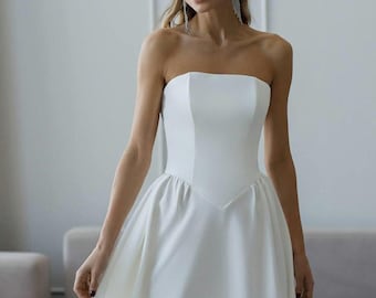 Vestido midi blanco elegante con corsé – Falda voluminosa, vestido blanco sin tirantes, vestido de novia midi, vestido de novia blanco midi, vestido de noche blanco
