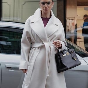 White Wool Coat Long, Warm Wool Wrap Coat, Wool Coat with belt, Elegant Wool Coat, Minimalist Women&#39;s Coat, Autumn Classic Wool Coat