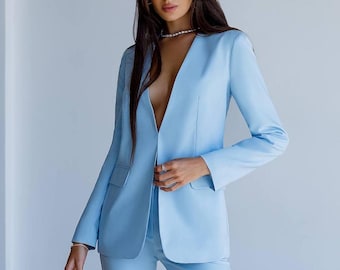 Elegant Tailored Suit – Collarless Blazer & Slim-Fit Trousers, Women's Suit Set, Classic Business Suit with corset, Blue Women's Pants Suit