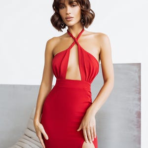 Seductive Red Dress – Perfect for Special Occasions, Transformer Dress with Slit, Red Midi Dress, Impressive Red Party Dress, Red Dress Slit