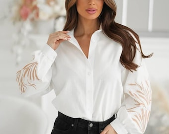 Embroidered Linen Shirt for Women, Elegant Boho Blouse with Floral Sleeve Embroidery, Black & Milk Button-Up Shirt