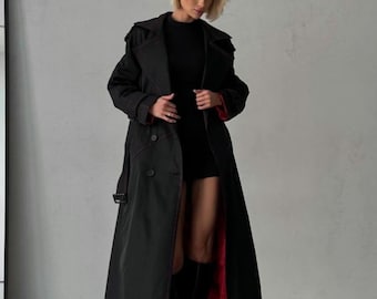 Gabardina de algodón con forro de satén rojo, gabardina de algodón, gabardina de mujer, gabardina vintage, abrigo largo