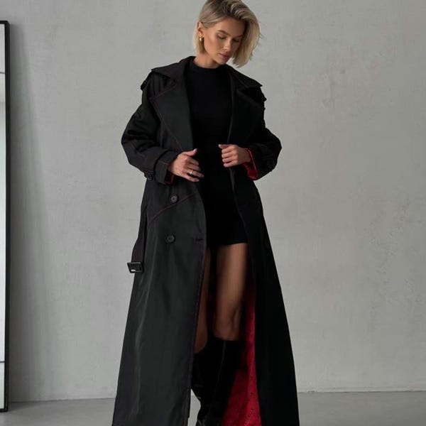 Cotton Trench with Red Satin Lining, Trench Coat Cotton, Women's Trench Coat, Vintage Trench Coat, Long Coat