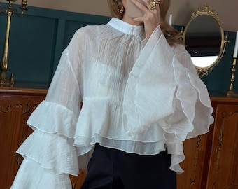 White Tencel Blouse with Ruffle Sleeves, Elegant Sheer Top, Feminine Loose Fit Blouse, Lightweight Summer Shirt, Vintage