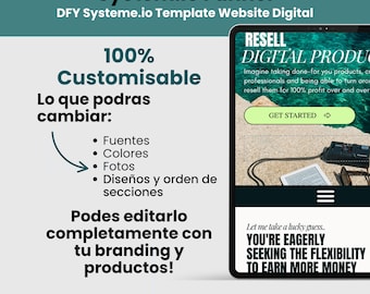 Puede incluir: Anuncio de sitio web de plantilla de producto digital. La imagen muestra texto en inglés y español, incluyendo "System.io Funnel" y "100% Customisable". Una tableta muestra una interfaz de sitio web con las palabras "Resell Digital Products."
