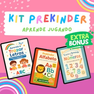 Könnte beinhalten: Ein Prekinder-Lernset mit drei Tablets. Die Tablets zeigen farbenfrohe Illustrationen und Text auf Spanisch, darunter "Aprendo a Trazar Letras", "Prekinder Alfabeto" und "Traza y Aprende los Números". Das Set enthält einen zusätzlichen Bonus.