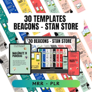 Könnte beinhalten: Ein digitales Marketingprodukt zum Erstellen von 30 anpassbaren Vorlagen für Beacons. Das Produkt heißt "30 Beacons - Stan Store" und wird als MRR - PLR-Produkt vermarktet. Das Bild zeigt einen Computerbildschirm mit einem Mockup der Vorlagen sowie mehrere andere Bilder der Vorlagen.