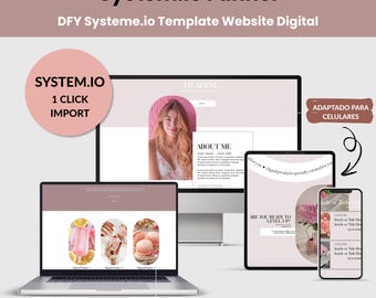 Może przedstawiać: Grafika marketingu cyfrowego prezentująca szablon lejka System.io. Obraz przedstawia laptopa, tablet i smartfon, każdy z makietami stron internetowych. Tekst zawiera "System.io Funnel" i "1 Click Import".