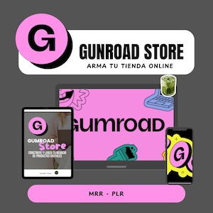May include: A pink and black illustration of the letter G with the text "Gumroad Store" and "ARMA TU TIENDA ONLINE" in black text. Below the text is a laptop screen with a pink background and the text "Gumroad" in white. There is a green drink in a cup on the right side of the image.