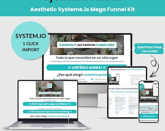 May include: A digital marketing graphic promoting System.io Funnel, an aesthetic mega funnel kit. The image shows a laptop, desktop, tablet, and smartphone displaying the platform's features. Text includes "1 Click Import" and "Adaptado para Celulares."