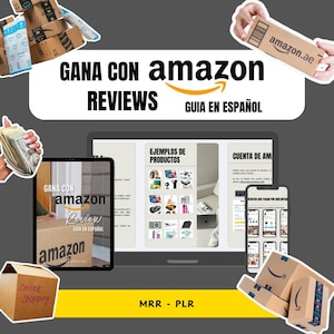 Puede incluir: Una imagen promocional con el texto "GANA CON amazon REVIEWS GUIA EN ESPAÑOL". La imagen incluye una tableta, un teléfono inteligente y una computadora portátil que muestran ejemplos de productos e información de la cuenta. También hay cajas de Amazon y efectivo.