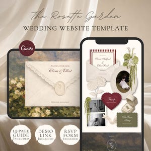 May include: A wedding website template titled "The Rosette Garden" displayed on a tablet and smartphone. The design includes a floral theme, with sample invitation and RSVP elements. The Canva logo is visible.