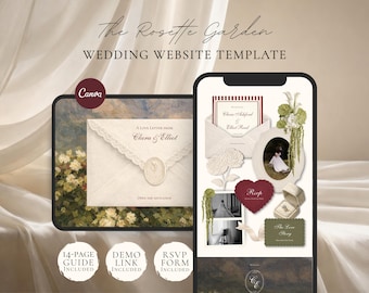 Plantilla para sitio web de bodas en Canva / Invitación digital verde y burdeos con confirmación de asistencia / Descarga instantánea