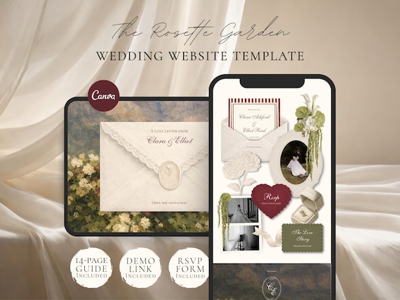 Wedding Website Template Canva | Green & Burgundy Digital Invitation with RSVP | Instant Download