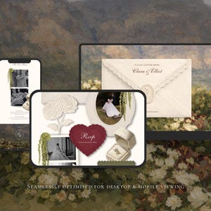 May include: A digital display showing wedding stationery templates on a smartphone and laptop screen. The designs feature cream envelopes with lace trim, wax seals, a deep red heart-shaped RSVP card, and a velvet ring box with a ring inside.