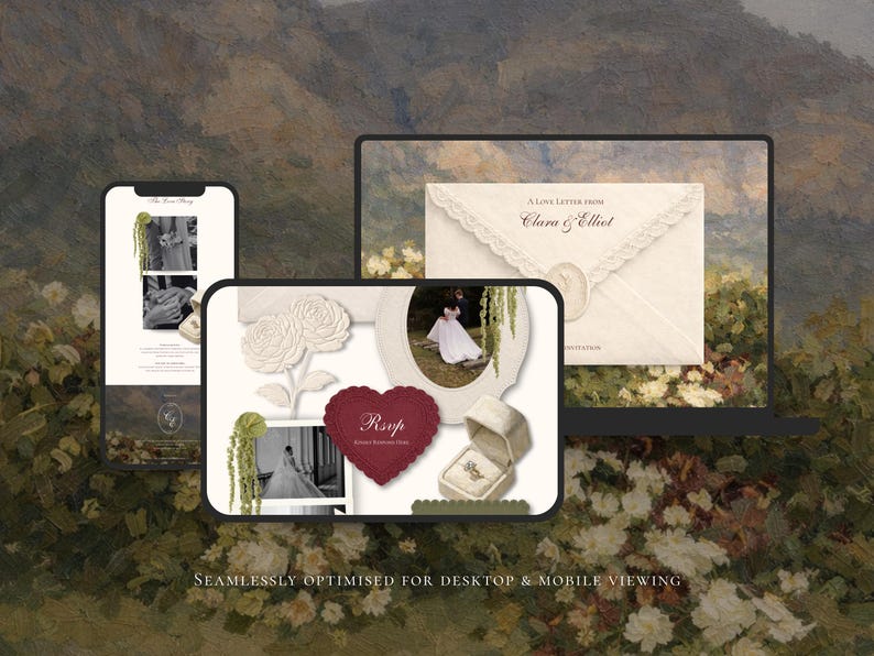 May include: A digital display showing wedding stationery templates on a smartphone and laptop screen. The designs feature cream envelopes with lace trim, wax seals, a deep red heart-shaped RSVP card, and a velvet ring box with a ring inside.