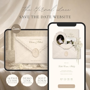 Puede incluir: Un diseño digital de invitación de boda, con un smartphone y una tableta que muestran un sitio web de guardar la fecha. El diseño incluye un sobre con adornos de encaje, fotos y el texto "The Eternal Lace" y "Save the Date Website."