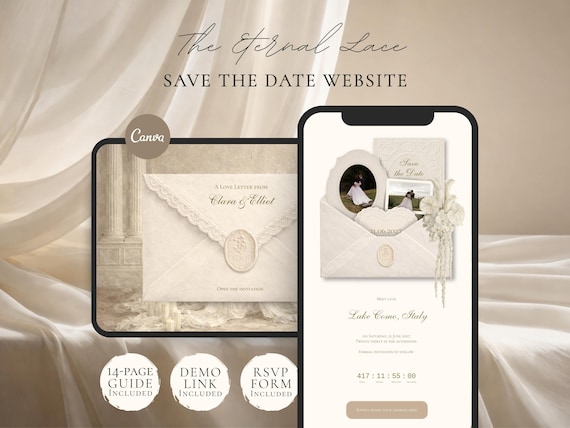 Save the Date Website Template | Elegant Ivory Digital Invitation with RSVP | Instant Download