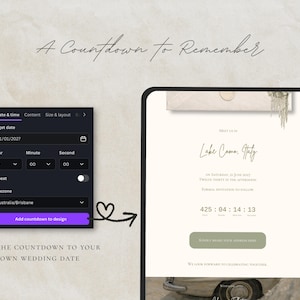 May include: A digital wedding invitation design with a countdown timer. The design includes the text "A Countdown to Remember" and a preview of the invitation with the text "Lake Como, Italy". The countdown timer shows the time remaining.
