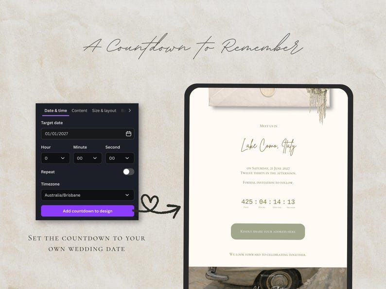 May include: A digital wedding invitation design with a countdown timer. The design includes the text "A Countdown to Remember" and a preview of the invitation with the text "Lake Como, Italy". The countdown timer shows the time remaining.