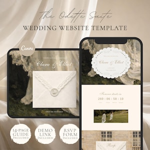 Może przedstawiać: Szablon strony internetowej ślubnej wyświetlany na tablecie i smartfonie. Szablon zawiera tekst "The Odette Suite" i "Wedding Website Template". Ekran smartfona pokazuje odliczanie czasu i nazwiska "Clara & Elliot."