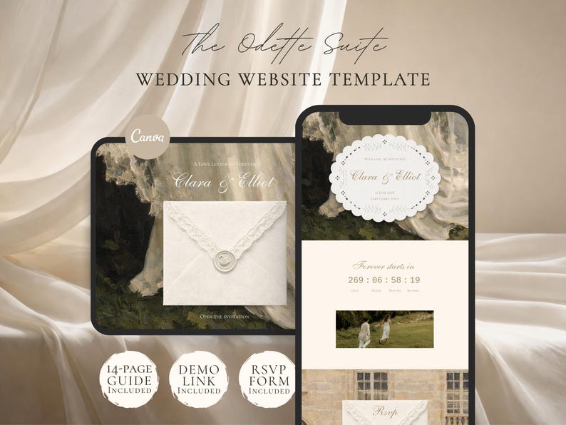 Puede incluir: Una plantilla de sitio web de bodas titulada The Odette Suite, mostrada en un tel&eacute;fono m&oacute;vil y una tableta. El dise&ntilde;o incluye los nombres Clara & Elliot, un temporizador de cuenta regresiva, un formulario RSVP y un sobre con sello de cera sobre fondo crema.