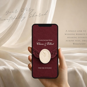 May include: A smartphone screen displaying a digital wedding invitation with a deep red textured background, a dark lace accent, and a cream-colored oval wax seal featuring a floral motif and the text A LOVE LETTER FROM CLARA & ELLIOT.
