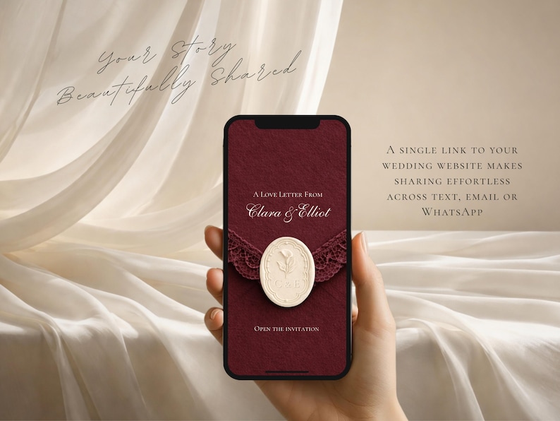May include: A smartphone screen displaying a digital wedding invitation with a deep red textured background, a dark lace accent, and a cream-colored oval wax seal featuring a floral motif and the text A LOVE LETTER FROM CLARA & ELLIOT.