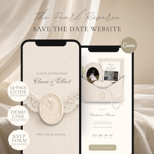 Puede incluir: Dos pantallas de smartphone que muestran una plantilla de sitio web para save the date titulada The Pearl Reverie. El dise&ntilde;o presenta fondos de color crema, detalles de encaje, un gr&aacute;fico de sello de cera y texto que incluye A Love Letter From Clara & Elliot.