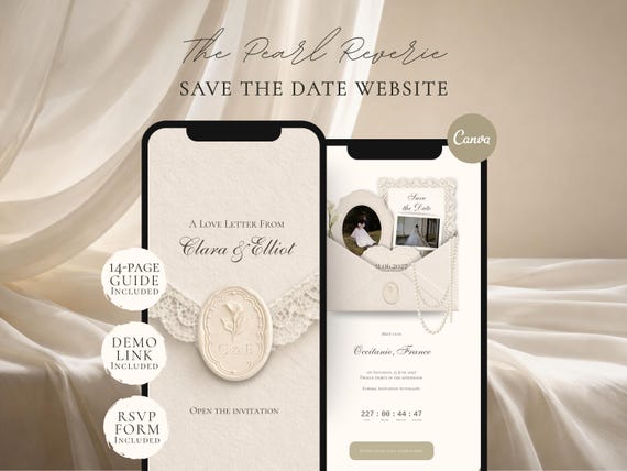 Pearl & Ivory Save the Date Website Template | Digital Wedding Invitation with RSVP | Instant Download