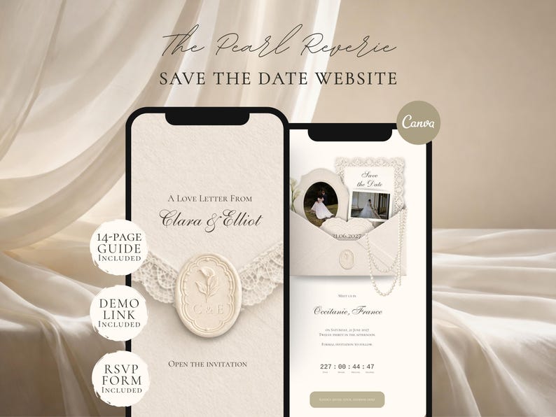 Puede incluir: Dos pantallas de smartphone que muestran una plantilla de sitio web para save the date titulada The Pearl Reverie. El dise&ntilde;o presenta fondos de color crema, detalles de encaje, un gr&aacute;fico de sello de cera y texto que incluye A Love Letter From Clara & Elliot.