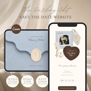 Könnte beinhalten: Eine digitale Save-the-Date-Website-Vorlage mit dem Titel The Darling Edit, bestehend aus einem hellblauen Umschlag mit Wachssiegel und einer Handy-Anzeige mit Foto, einer schokoladenfarbenen herzförmigen Grafik und einem Countdown-Timer.