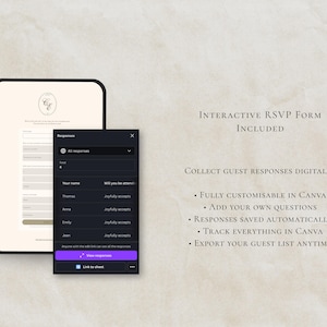 Może przedstawiać: Cyfrowy szablon interaktywnego formularza RSVP z jasnym interfejsem i ciemnym oknem śledzenia odpowiedzi. Tekst zawiera Interactive RSVP Form Included, Collect guest responses digitally, Fully customisable in Canva, Add your own questions, Responses saved automatically, Track everything in Canva oraz Export your guest list anytime.