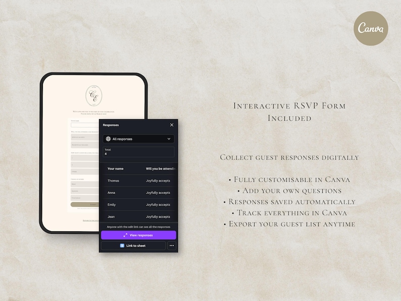 Może przedstawiać: Cyfrowy szablon interaktywnego formularza RSVP z jasnym interfejsem i ciemnym oknem śledzenia odpowiedzi. Tekst zawiera Interactive RSVP Form Included, Collect guest responses digitally, Fully customisable in Canva, Add your own questions, Responses saved automatically, Track everything in Canva oraz Export your guest list anytime.
