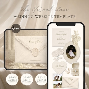 Op de afbeelding: De The Eternal Lace trouwwebsite-sjabloon voor Canva bevat een crèmekleurige envelop met een waszegel, een mobiele interface met trouwdetails, bloemaccenten, een ringdoosje en RSVP-kaarten met tekst, waaronder de namen Clara en Elliot.