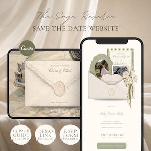 May include: A digital save the date website template titled The Sage Reverie featuring an envelope with a wax seal, a photo frame, floral accents, and a countdown timer. Includes a 14-page guide, demo link, and RSVP form for wedding event planning.