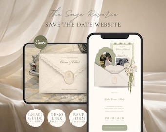 May include: A digital save the date website template titled The Sage Reverie featuring an envelope with a wax seal, a photo frame, floral accents, and a countdown timer. Includes a 14-page guide, demo link, and RSVP form for wedding event planning.