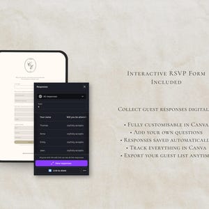 Puede incluir: Una plantilla digital para un formulario de confirmaci&oacute;n de asistencia interactivo con un documento color crema con un logotipo de monograma y una ventana emergente gris oscuro que muestra una lista de respuestas. Incluye el texto Interactive RSVP Form Included.