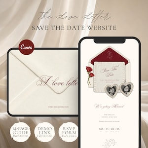 Puede incluir: Una plantilla de sitio web digital Save the Date con un sobre crema con el texto A love letter y Open the invitation. La vista móvil muestra un sobre forrado en rojo, una tarjeta Save the Date, dos relicarios de fotos en forma de corazón.