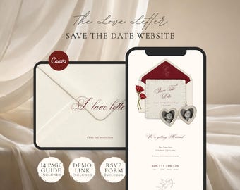 Könnte beinhalten: Eine digitale Save-the-Date-Website-Vorlage mit einem cremefarbenen Umschlag mit dem Text A love letter und Open the invitation. Die mobile Ansicht zeigt einen rot gefütterten Umschlag, eine Save-the-Date-Karte, zwei herzförmige Fotomedaillons.
