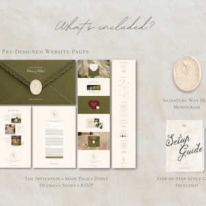 May include: A digital wedding website template set featuring five pre-designed pages including an invitation, main page, event details, story, and RSVP. Includes a signature wax seal monogram graphic and a step-by-step setup guide document.