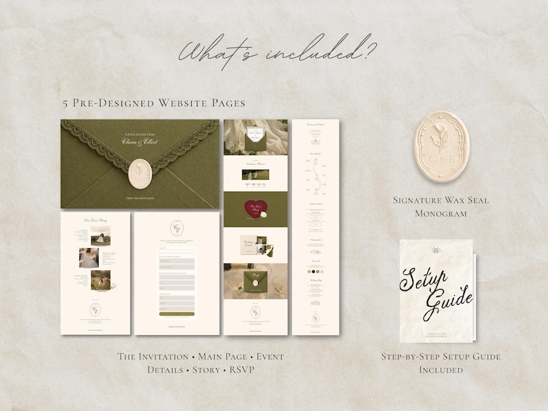 May include: A digital wedding website template set featuring five pre-designed pages including an invitation, main page, event details, story, and RSVP. Includes a signature wax seal monogram graphic and a step-by-step setup guide document.
